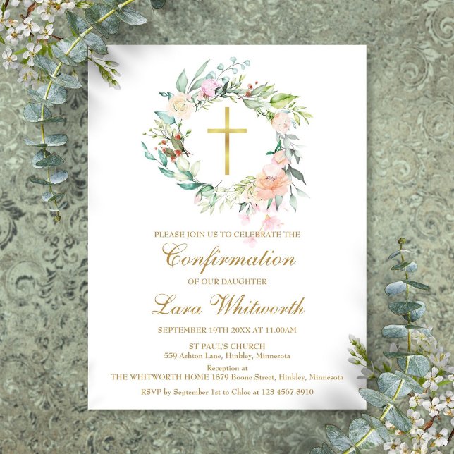 Invitation Carte Postale Aquarelle Gold Cross Confirmation Florale (Gold Cross Watercolor Floral Confirmation Invitation Postcard)