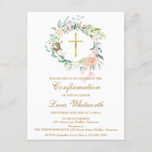 Invitation Carte Postale Aquarelle Gold Cross Confirmation Florale