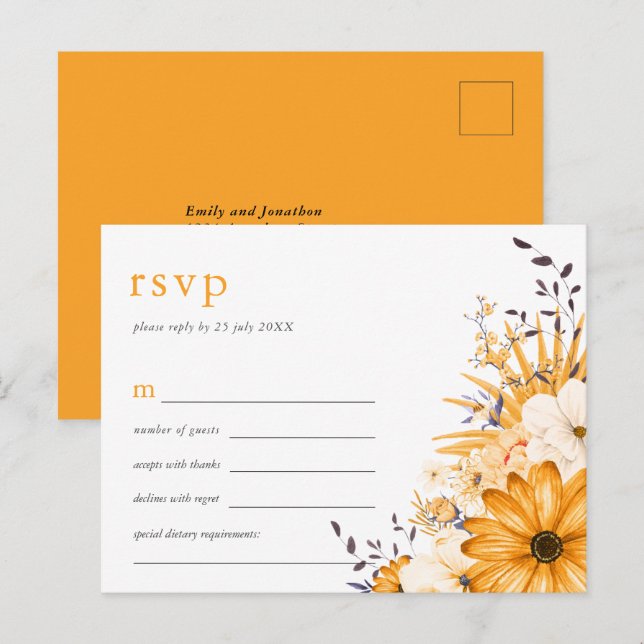 Invitation Carte Postale Aquarelle gris jaune Florales Mariage RSVP (Devant / Derrière)