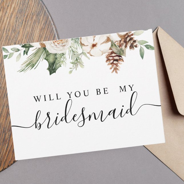 Invitation Carte Postale Aquarelle Hiver Pin vert Arbre et Fleurs blanches (Créateur téléchargé)