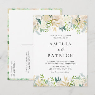 Invitation Carte Postale Aquarelle ivoire Floral Garland QR Code Mariage