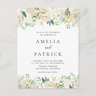 Invitation Carte Postale Aquarelle Ivoire Peonies Faux Gold Foil Mariage