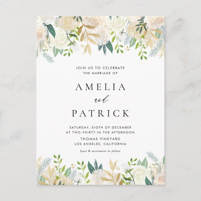 Invitation Carte Postale Aquarelle Ivoire Peonies Faux Gold Foil Mariage (Devant)