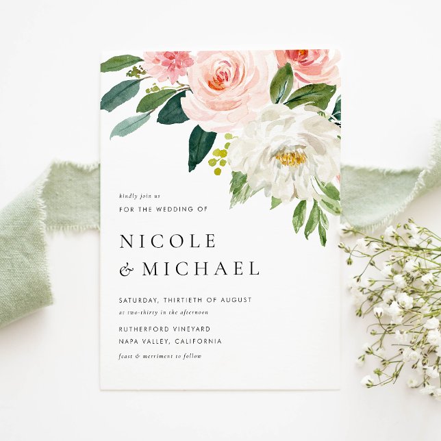 Invitation Carte Postale Aquarelle Jolie Fleurs de Jardin Mariage de printe (Watercolor Pretty Garden Flowers Spring Wedding Invitation Postcard)
