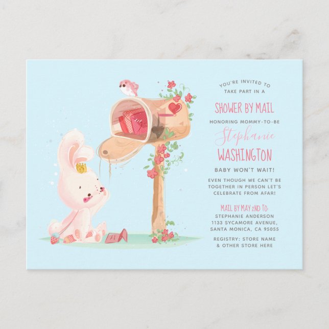 Invitation Carte Postale Aquarelle Longue Distance Bébé Fille Douche Par Co (Devant)