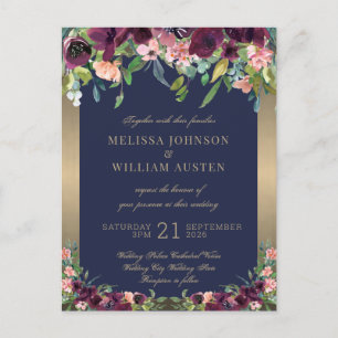 Invitation Carte Postale Aquarelle Marine Mariage or Floral