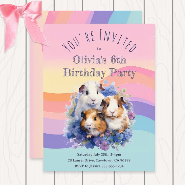 Invitation Carte Postale Aquarelle mignonne Chiens de Guinée jolie fête d'a (A custom birthday party invitation, with guinea pigs in a watercolor style on a pastel background)
