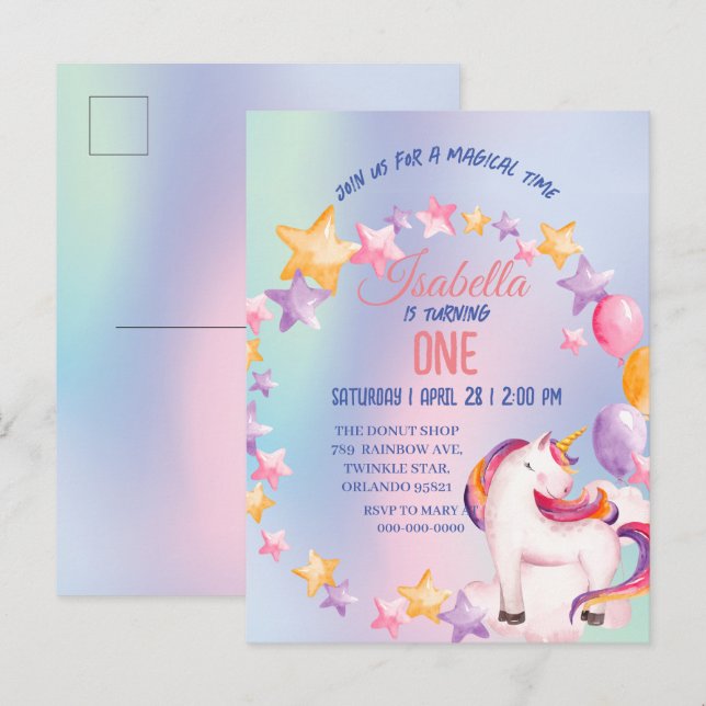 Invitation Carte Postale Aquarelle mignonne pastel Unicorns Arc-en-ciel Ann (Devant / Derrière)