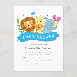 Invitation Carte Postale Aquarelle mignonne Safari Animaux Baby shower garç