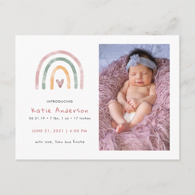 Invitation Carte Postale Aquarelle moderne arc-en-ciel avec naissance cardi (Devant)