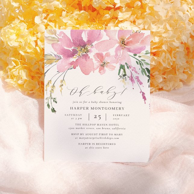 Invitation Carte Postale Aquarelle moderne Floral Oh Baby Baby Girl Douche (Créateur téléchargé)