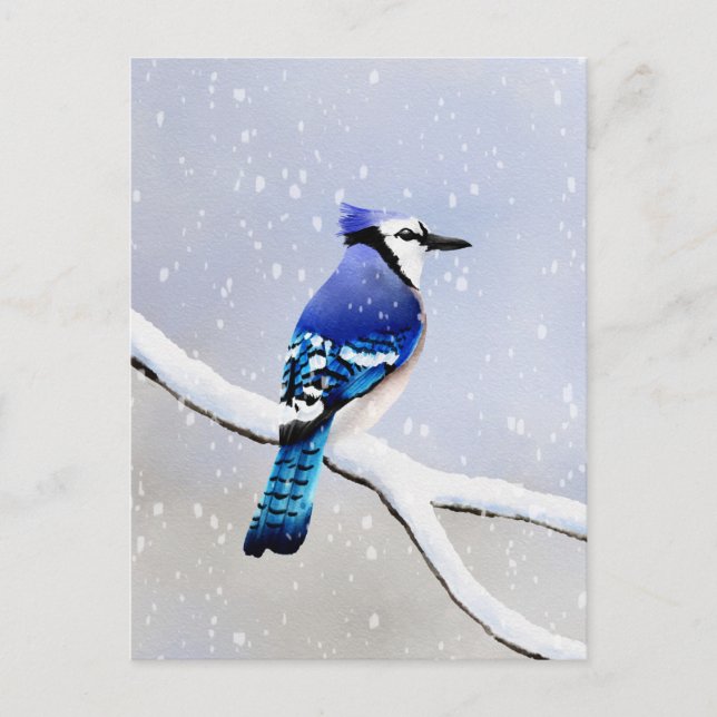 Invitation Carte Postale Aquarelle Oiseau de neige d'hiver Jay bleu (Devant)