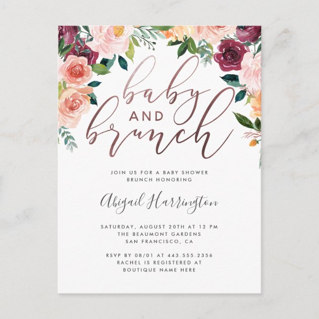 Invitation Carte Postale Aquarelle or rose Baby shower de Brunch Floral (Devant)