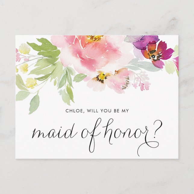 Invitation Carte Postale Aquarelle Pastel Floral Be My Maid of Honor Card (Devant)