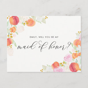 Invitation Carte Postale Aquarelle Peaches et fleurs Soyez ma femme d'honne