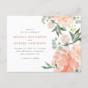Invitation Carte Postale Aquarelle Pêche et Mariage rose pâle