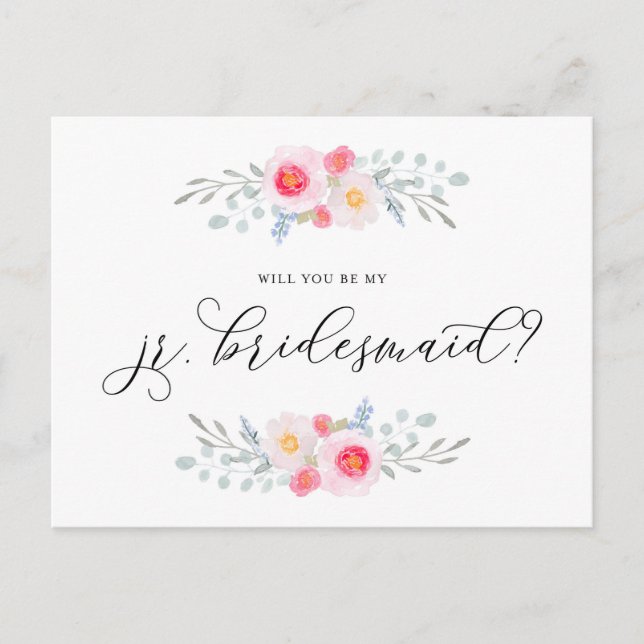 Invitation Carte Postale Aquarelle Pink Anemones Be My Jr Bridesmaid (Devant)