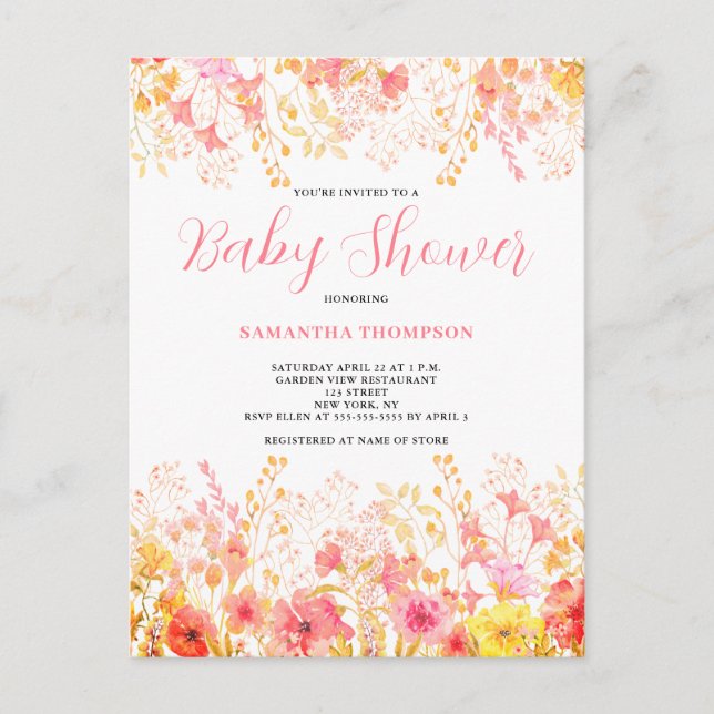 Invitation Carte Postale Aquarelle rose Baby shower Floral (Devant)