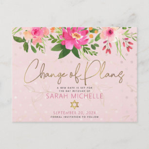 Invitation Carte Postale Aquarelle rose bat mitzvah Floral Script moderne