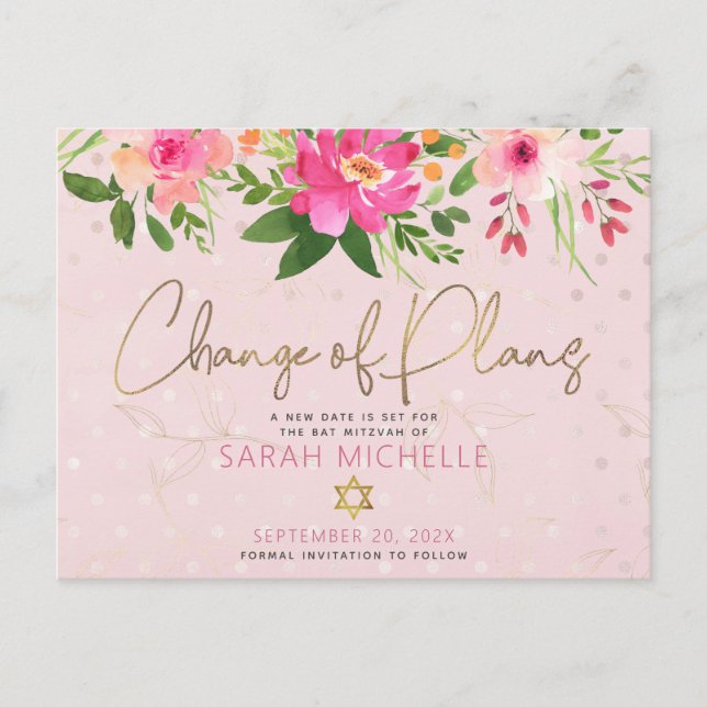 Invitation Carte Postale Aquarelle rose bat mitzvah Floral Script moderne (Devant)