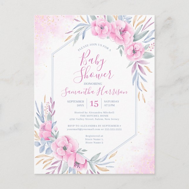 Invitation Carte Postale Aquarelle rose Budget Floral Élégant Baby shower (Devant)
