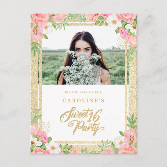 Invitation Carte Postale Aquarelle rose Budget Floral Sweet 16 Photo (Devant)