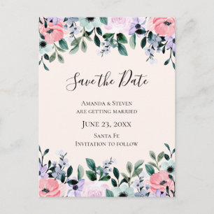 Invitation Carte Postale Aquarelle rose et violet florale Enregistrer la da