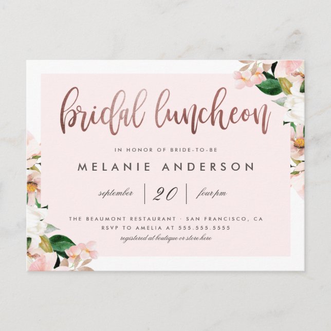 Invitation Carte Postale Aquarelle Rose Floral Rose Gold Bridal Luncheon (Devant)