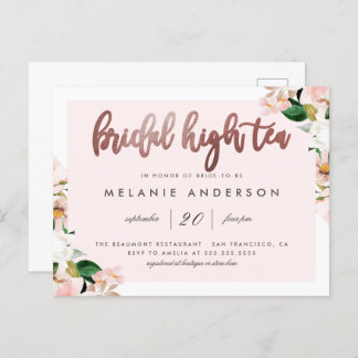 Invitation Carte Postale Aquarelle rose Floral Rose Or Bridal High Tea