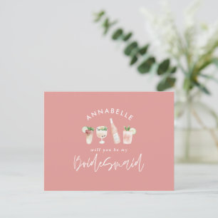 Invitation Carte Postale Aquarelle rose girly peint boissons bridesmaid