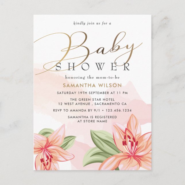 Invitation Carte Postale Aquarelle rose pâle Baby shower Floral (Devant)
