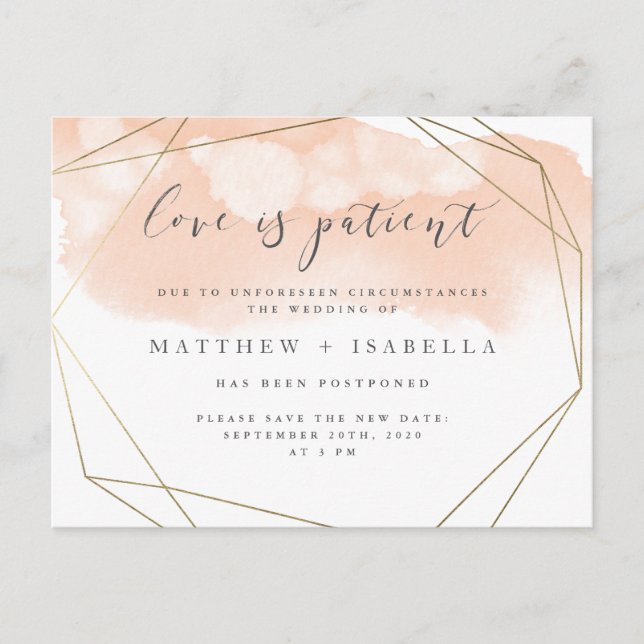 Invitation Carte Postale Aquarelle rose pâle Postponement L'amour est patie (Devant)