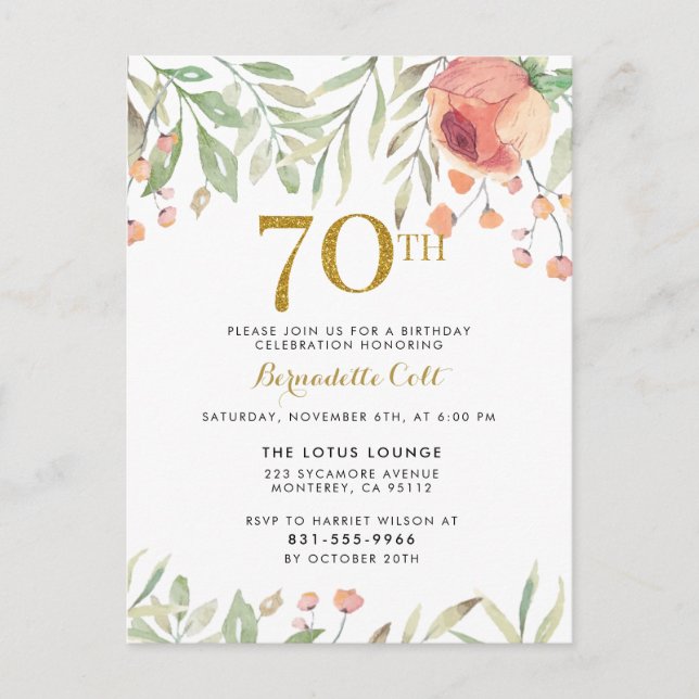 Invitation Carte Postale Aquarelle Rose & Parties scintillant or 70e annive (Devant)