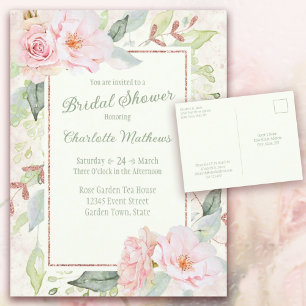 Invitation Carte Postale Aquarelle rose Rose Sage Fête des mariées verte