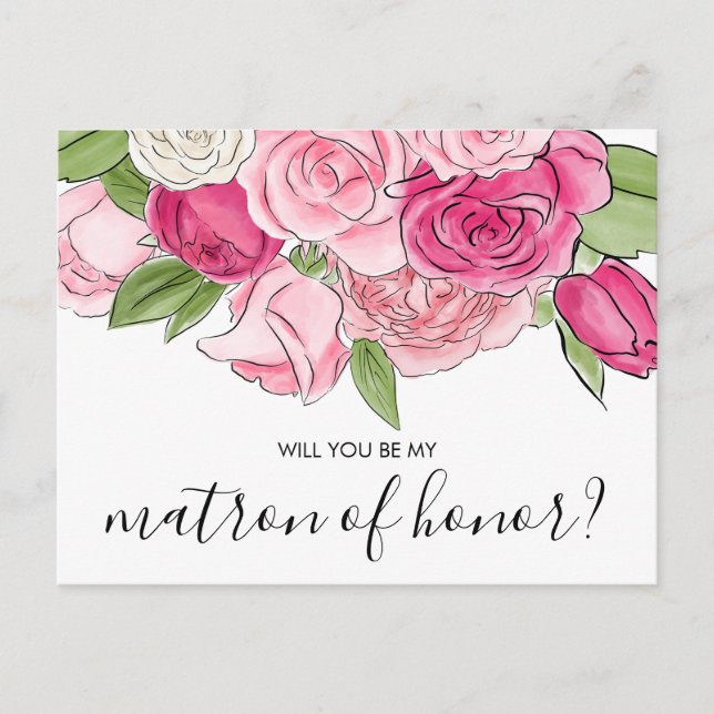 Invitation Carte Postale Aquarelle Roses Roses Roses Roses Mon Matron D'Hon (Devant)