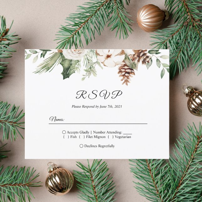 Invitation Carte Postale Aquarelle Sapin Vert d'Hiver & Fleurs Blanches (Créateur téléchargé)