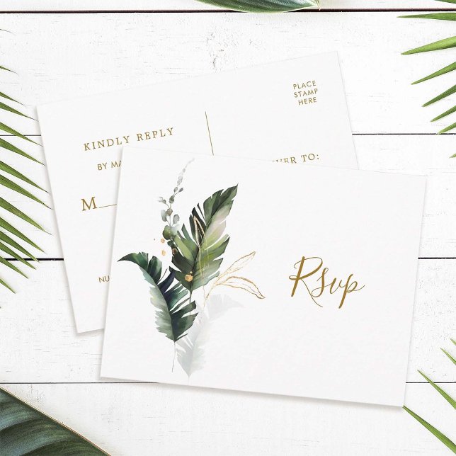 Invitation Carte Postale Aquarelle tropicale Feuillage d'or Mariage RSVP (Front & Back)