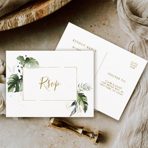 Invitation Carte Postale Aquarelle tropicale Feuillage d'or Mariage RSVP