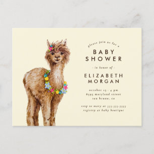 Invitation Carte Postale Aquarelle tropicale Whimsical Baby shower Alpaca