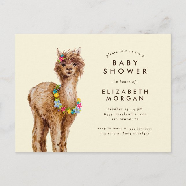 Invitation Carte Postale Aquarelle tropicale Whimsical Baby shower Alpaca (Devant)