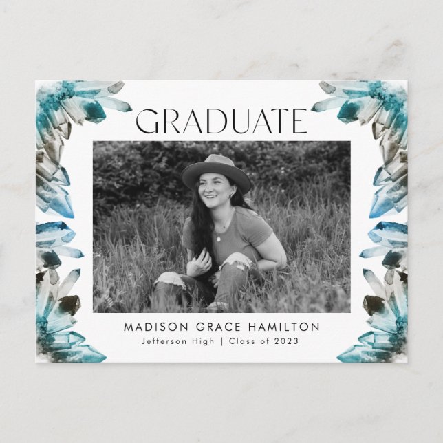 Invitation Carte Postale Aquarelle turquoise Crystal Photo Graduation Party (Devant)