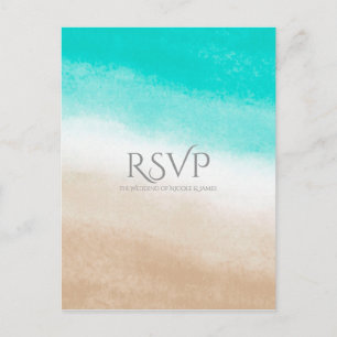 Invitation Carte Postale Aquarelle Turquoise & Tan Elegant Beach Wedding RS