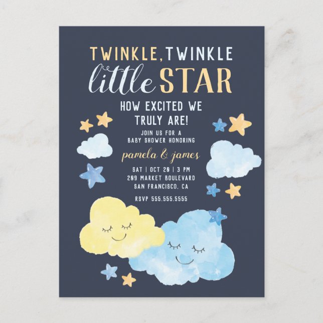 Invitation Carte Postale Aquarelle Twinkle Twinkle Little Star Baby shower (Devant)