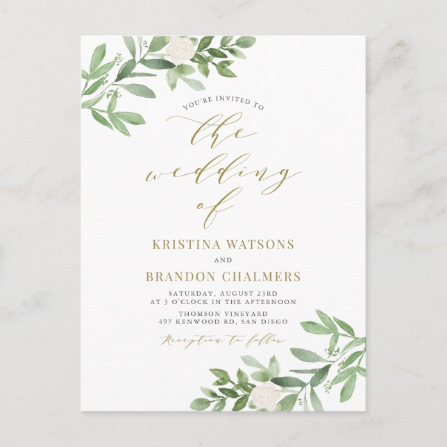 Invitation Carte Postale Aquarelle Verdure et Fleurs blanches Mariage or (Devant)