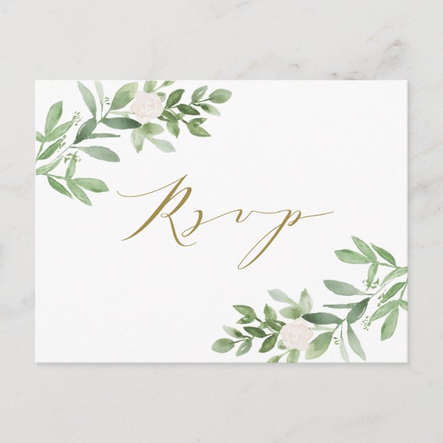 Invitation Carte Postale Aquarelle Vert et Fleurs blanches RSVP (Devant)