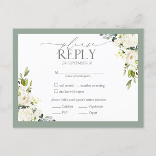 Invitation Carte Postale Aquarelle verte gris blanc Mariage floral RSVP en