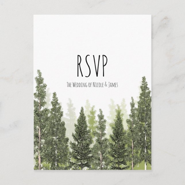 Invitation Carte Postale Arbres de pin rustiques Simple Mariage de campagne (Devant)