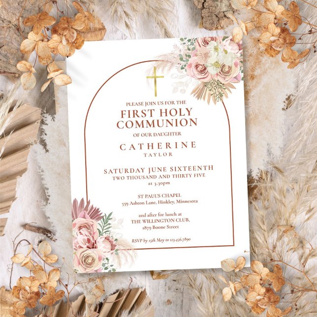 Invitation Carte Postale Arc de pampa pour première communion (Pampas Grass Arch First Holy Communion Invitation Postcard)