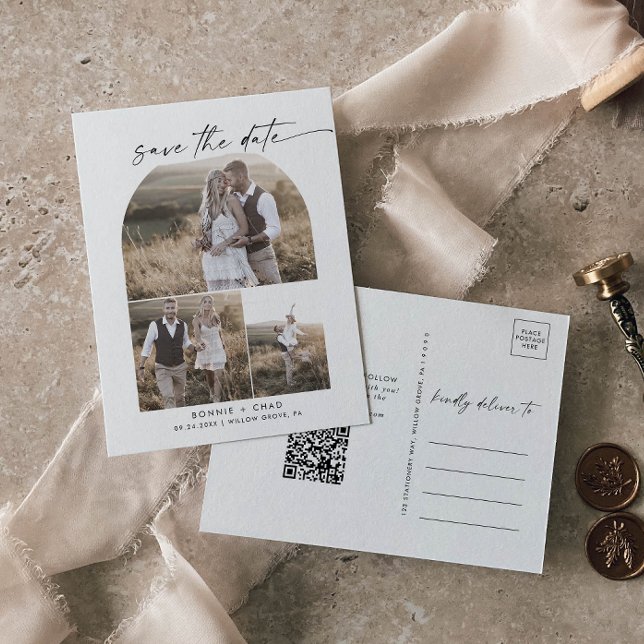 Invitation Carte Postale Arc moderne QR Code photo Collage Enregistrer la d (Créateur téléchargé)