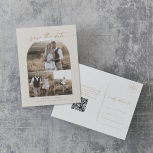 Invitation Carte Postale Arche moderne Cream QR Photo Collage Enregistrer